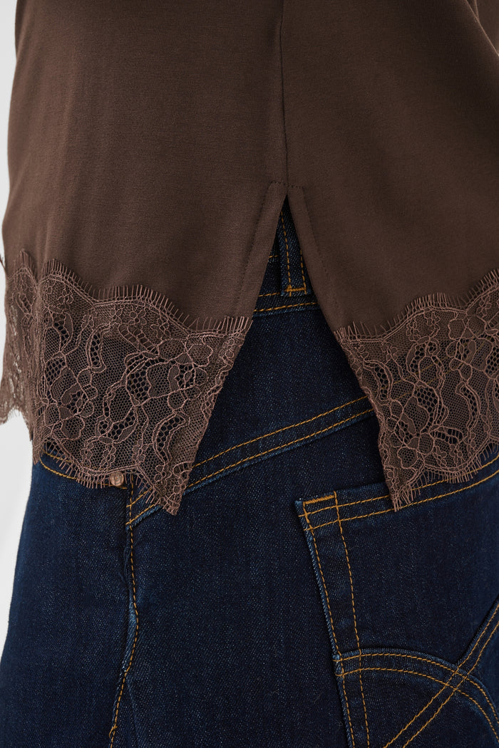 Cream 10615546 CrAlvaia Jersey Lace Top Java brown lace hem top Shop Cream at Dotique