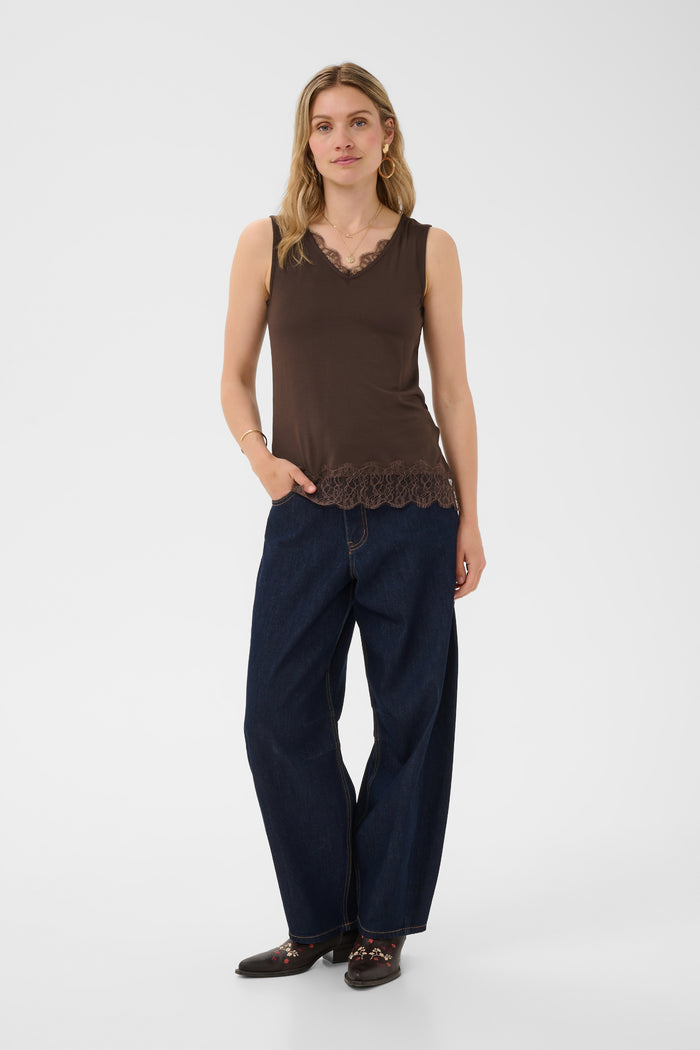 Cream 10615546 CrAlvaia Jersey Lace Top Java brown lace top Shop Cream at Dotique