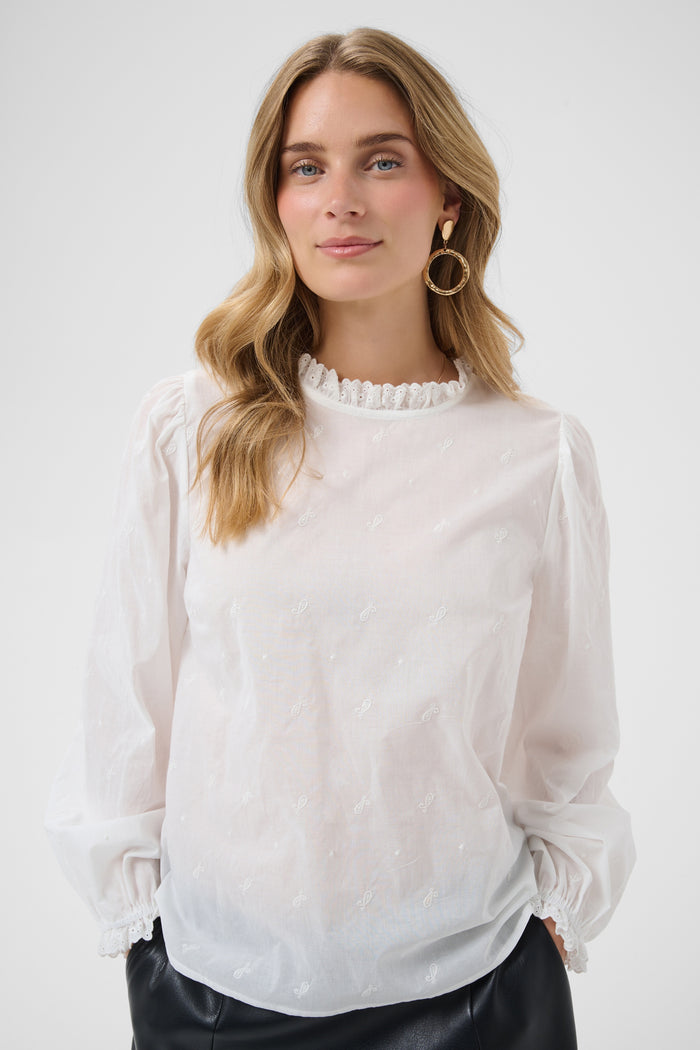 Cream 10615648 CRKalikah Blouse Snow White white sheer ruffle neck blouse Shop Cream at Dotique