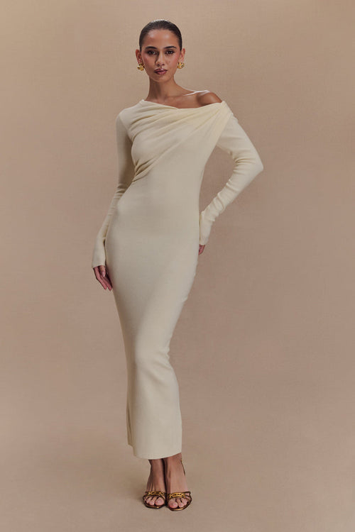 Culver Draped Twist Knit Midi Dress - Cream