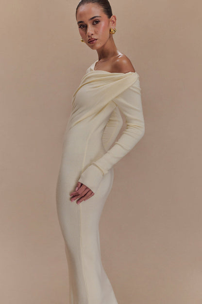 Culver Draped Twist Knit Midi Dress - Cream