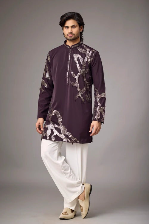 Deep Plum Contemporary Embroidered Kurta Set for Men | Mahavir NX