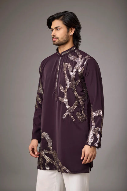 Contemporary Kurta Set for Men – Asymmetric Metallic Embroidery | Mahavir NX