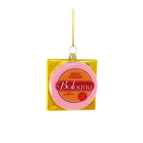 Deli Bologna Ornament in blown glass, painted to resemble deli bologna for festive decor and collectors.