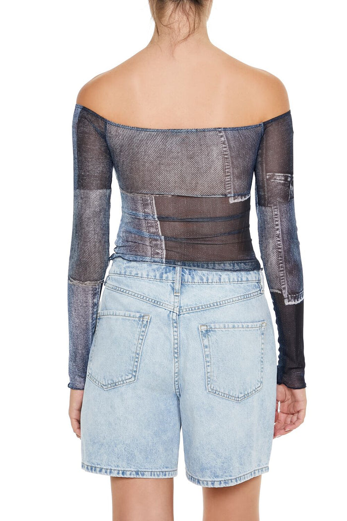 Denim Print Off-the-Shoulder Top
