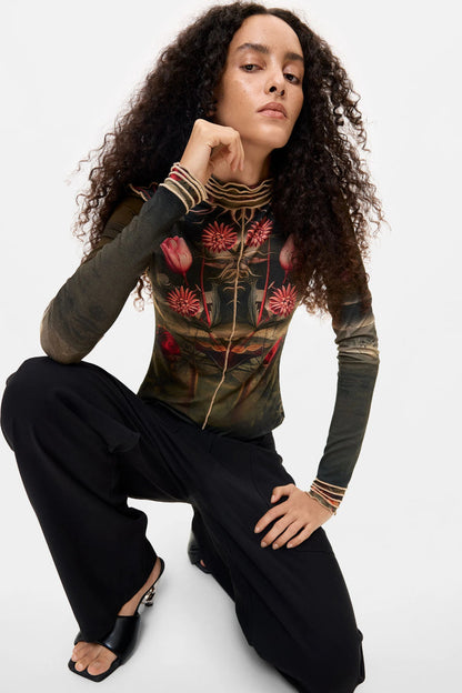 Desigual Printed High Neck Top – Black Floral by Desigual. Shop Desigual at Dotique.