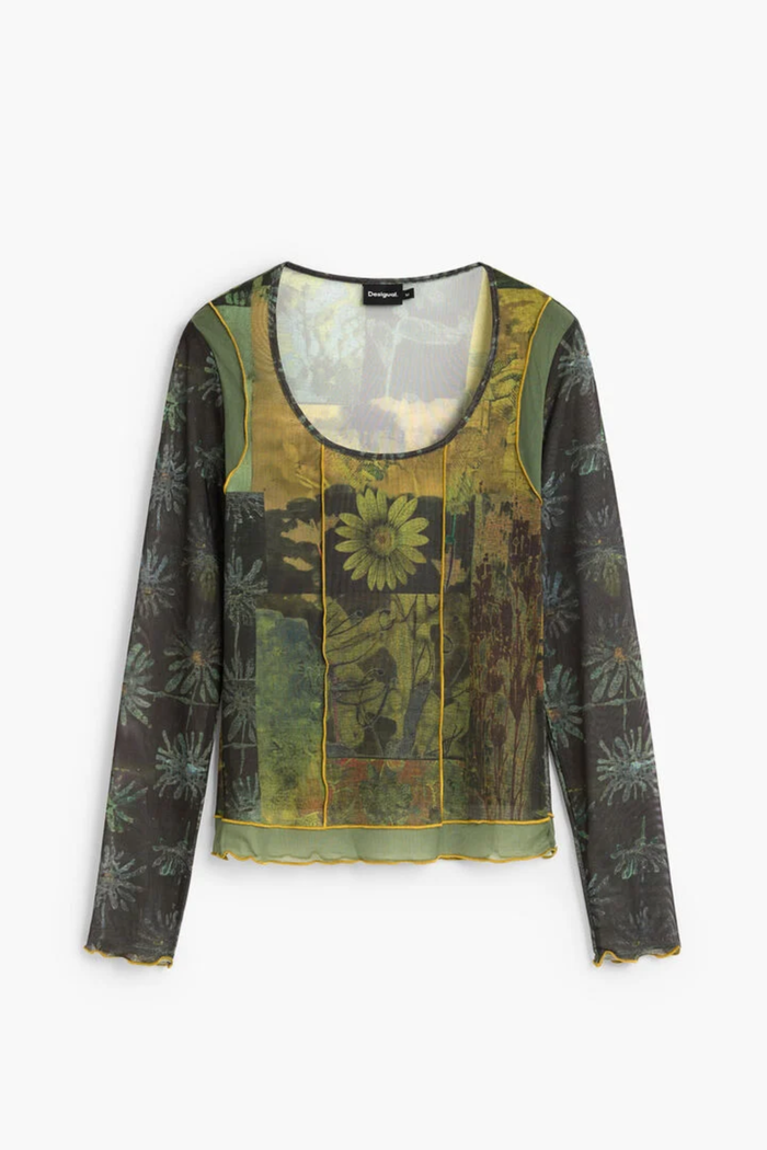 Desigual Printed Long Sleeve Top – Black Multicolour front view. Shop Desigual at Dotique.