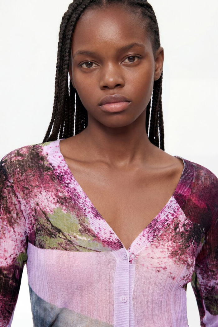 Desigual Printed V-Neck Cardigan – Purple worn by model. Shop Desigual at Dotique.