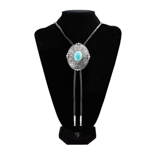 Double S Turquoise Stone Beaded Edge Bolo Tie