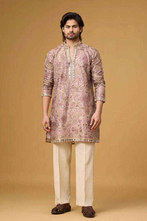 Dusty Rose Zari Embellished Kurta Set for Men | Mahavir NX