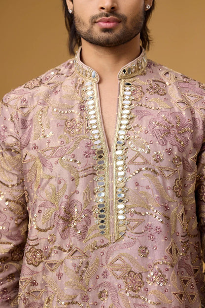 Dusty Rose Zari Kurta Set – Full Length View | Mahavir NX