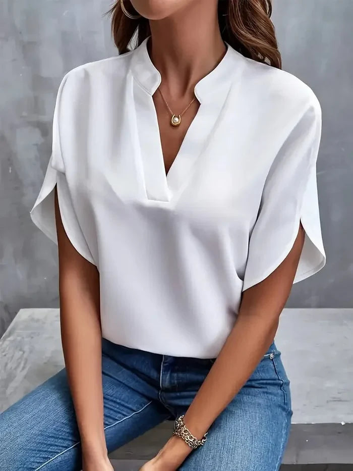 White elegant V-neck short sleeve blouse lightweight summer office casual FTF Market UK