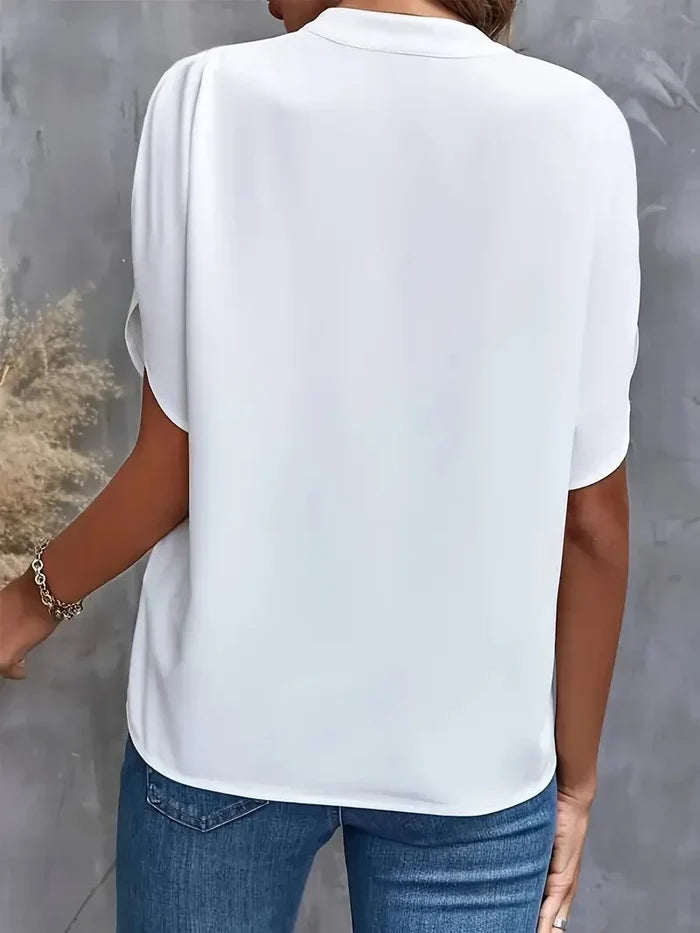 Back white elegant V-neck short sleeve blouse lightweight summer office casual FTF Market UK
