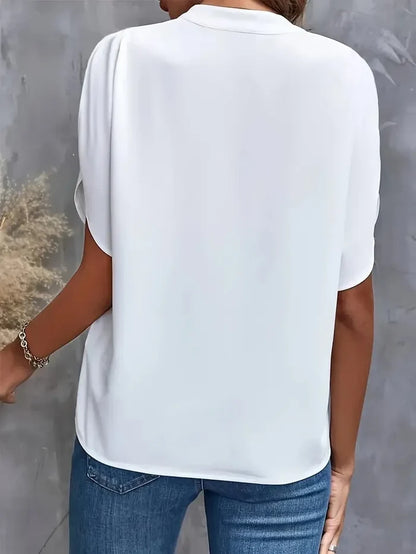 Back white elegant V-neck short sleeve blouse lightweight summer office casual FTF Market UK