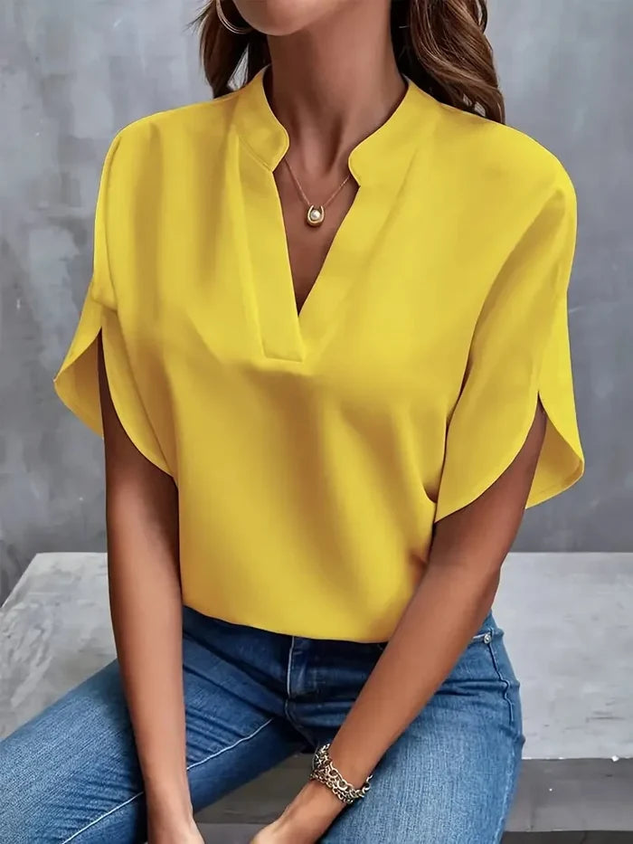 Yellow elegant V-neck short sleeve blouse lightweight summer office casual FTF Market UK