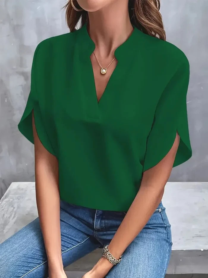Green elegant V-neck short sleeve blouse lightweight summer office casual FTF Market UK
