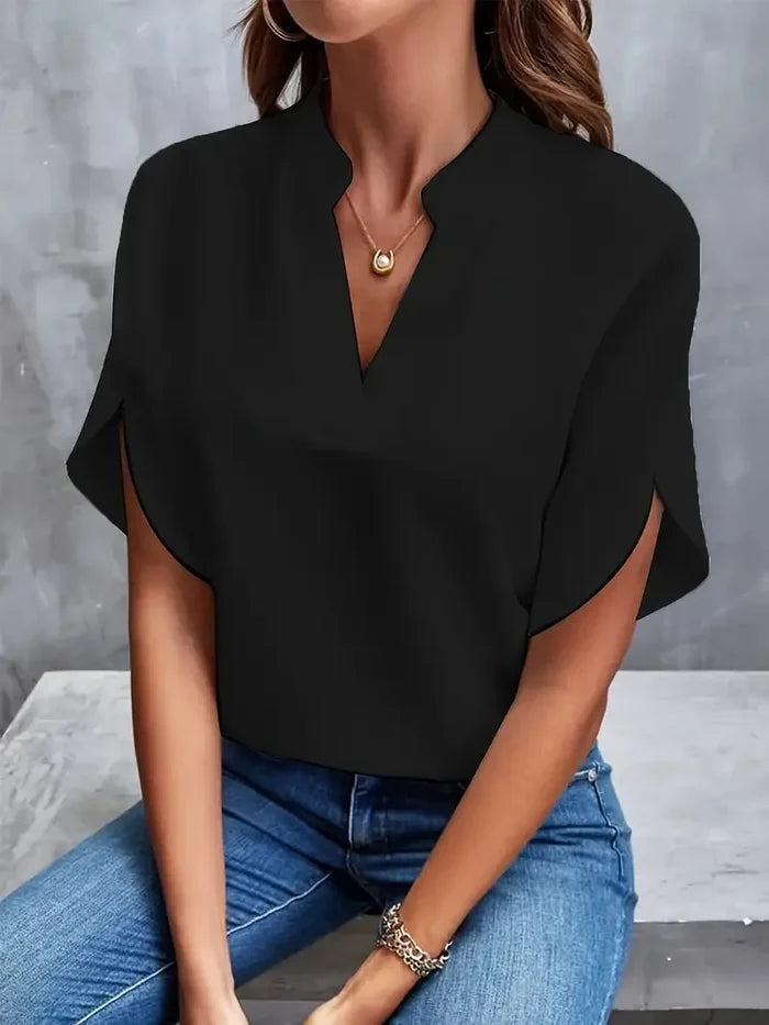 Black elegant V-neck short sleeve blouse lightweight summer office casual FTF Market UK