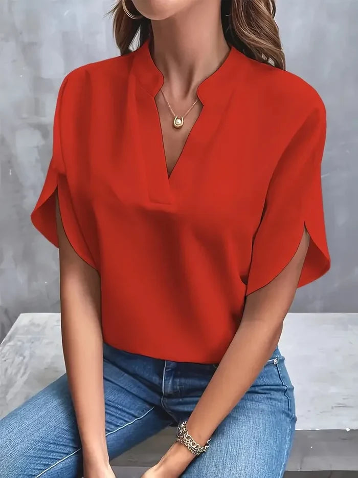 Red elegant V-neck short sleeve blouse lightweight summer office casual FTF Market UK
