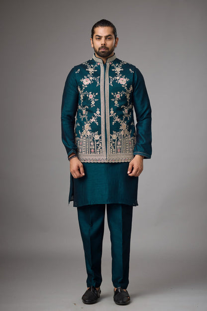 Emerald Teal Diwali jacket kurta set | Mahavir NX