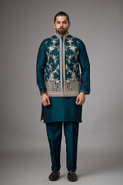 Emerald Teal Diwali jacket kurta set | Mahavir NX