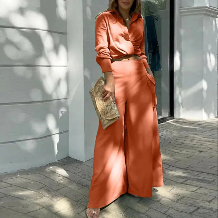 Orange long sleeve crop shirt wide leg pants set women FTF Market UK