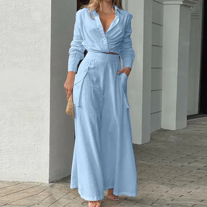 Light blue long sleeve crop shirt wide leg pants set women FTF Market UK