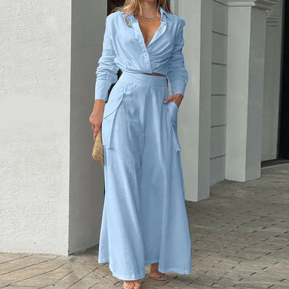 Light blue long sleeve crop shirt wide leg pants set women FTF Market UK