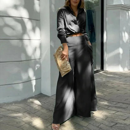 Black long sleeve crop shirt wide leg pants set women FTF Market UK