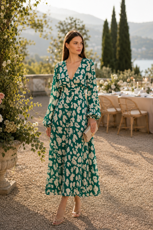 Model wearing the Fabienne Chapot Ana Dress Evergreen/Cosy White with long sleeves and floral pattern, shop Fabienne Chapot at Dotique.