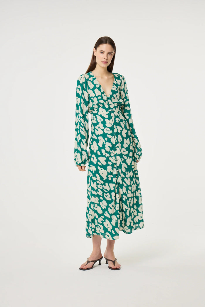 Fabienne Chapot Ana Dress Evergreen/Cosy White worn by model, shop Fabienne Chapot style now at Dotique online store