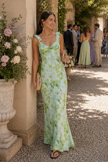 Model wearing the Fabienne Chapot Josine Dress Light Blue/Green with floral patterns and ruffled straps, shop Fabienne Chapot at Dotique.