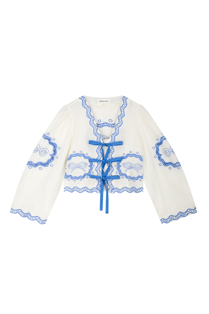 Fabienne Chapot Serviette Blouse Cosy White/Blue by Fabienne Chapot with blue embroidery, shop Fabienne Chapot at Dotique.