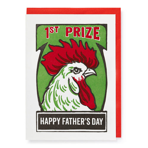 Father's Day card with a rooster illustration and '1st Prize' text on a white background