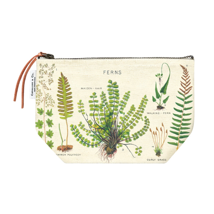 A zippered pouch featuring a vintage botanical illustration of various ferns on a cream-colored background, with a brown leather zipper pull tab labeled Cavallini & Co.