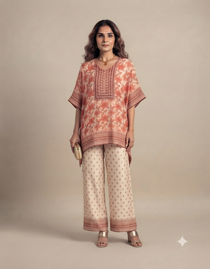 A full-length portrait of a female model against a plain muted beige background, wearing a coral and peach floral-patterned kaftan-style top paired with matching patterned wide-leg trousers, gold heels, a gold necklace, and holding a small gold clutch.