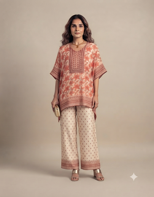 A full-length portrait of a female model against a plain muted beige background, wearing a coral and peach floral-patterned kaftan-style top paired with matching patterned wide-leg trousers, gold heels, a gold necklace, and holding a small gold clutch.