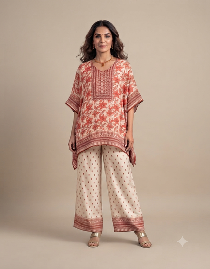 A full-length portrait of a female model against a plain muted beige background, wearing a coral and peach floral-patterned kaftan-style top paired with matching patterned wide-leg trousers, gold heels, a gold necklace, and holding a small gold clutch.