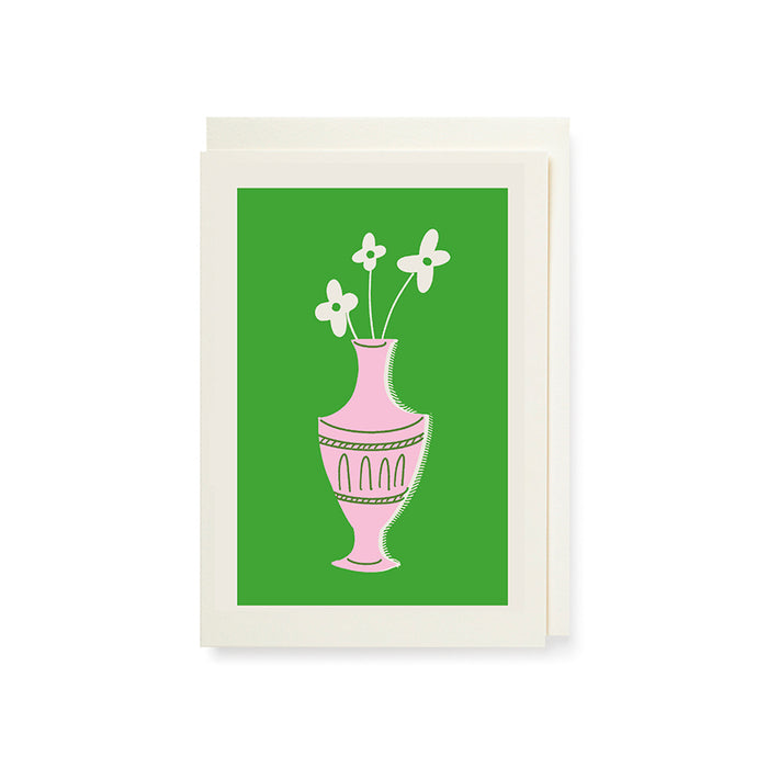 Greeting card with artwork of a pink vase with flowers on a green background
