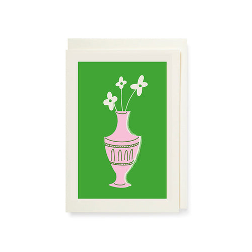 Greeting card with artwork of a pink vase with flowers on a green background