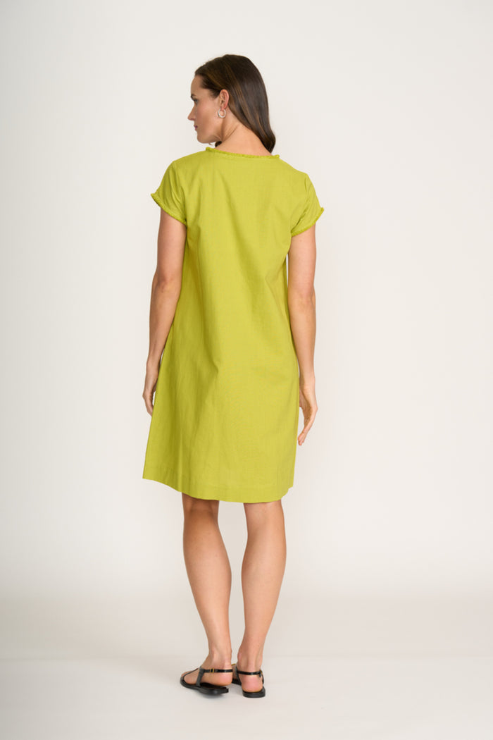Woman wearing Foil Fo8314 Festival Dress Chartreuse shown from back by Foil shop at Dotique online store.
