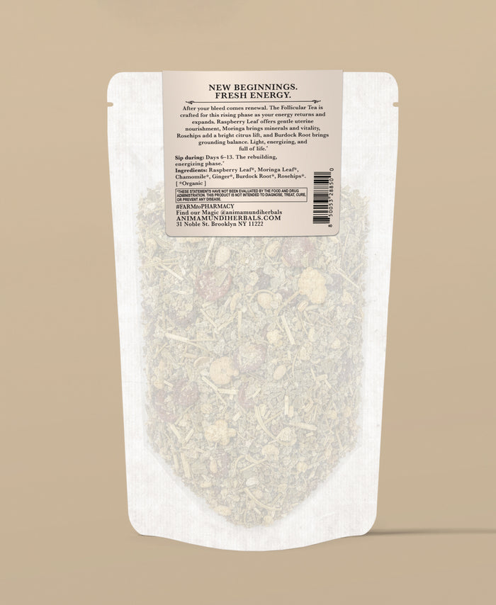 A stand-up resealable pouch of loose herbal tea on a solid beige background. The pouch is mostly clear, showing pale green and beige dried herbs inside, with a white label at the top containing product details and a barcode.