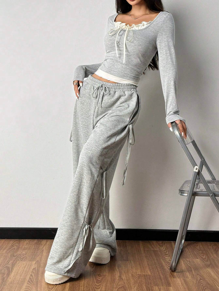 FRILL TRIM FRONT TIE LONG SLEEVE TOP & DRAWSTRING WIDE LEG PANTS