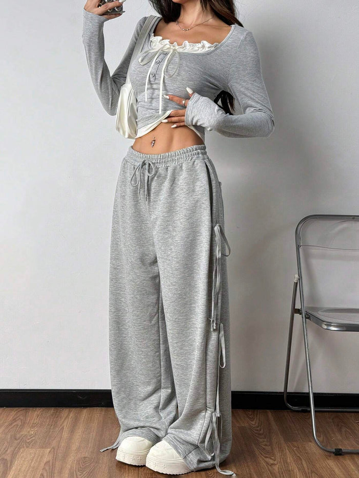 FRILL TRIM FRONT TIE LONG SLEEVE TOP & DRAWSTRING WIDE LEG PANTS