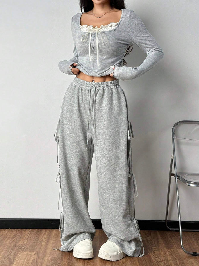 FRILL TRIM FRONT TIE LONG SLEEVE TOP & DRAWSTRING WIDE LEG PANTS