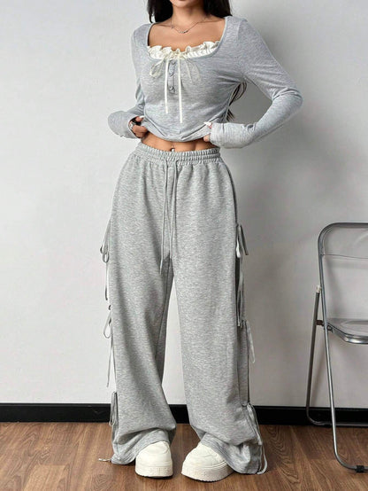 FRILL TRIM FRONT TIE LONG SLEEVE TOP & DRAWSTRING WIDE LEG PANTS