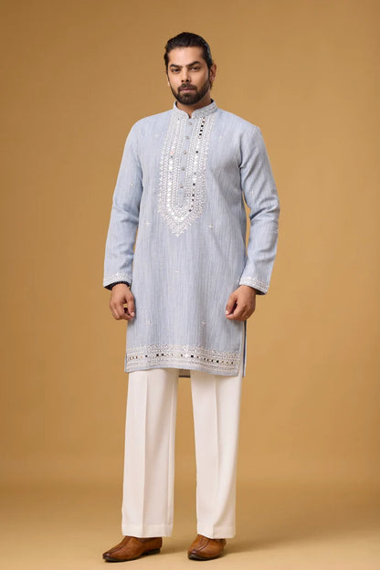 Frost Blue Regal Embroidered Kurta Set for Men | Mahavir NX