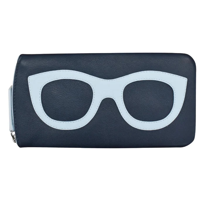 Navy glasses case with chambray blue glasses design on a white background