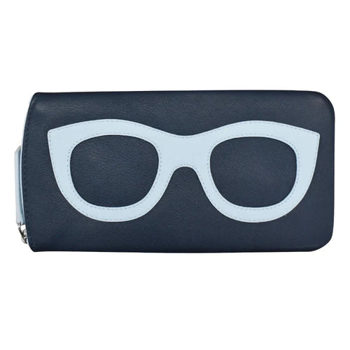 Navy glasses case with chambray blue glasses design on a white background