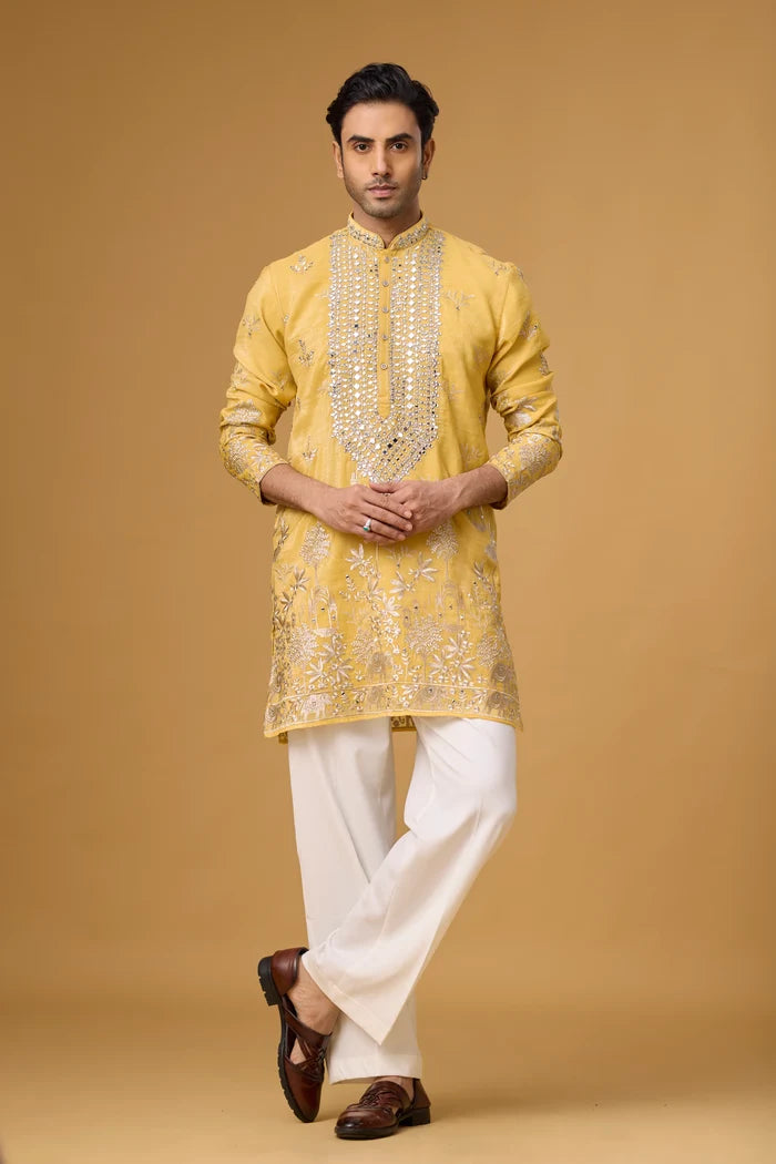 Silk Golden Kurta for Men – Wedding & Navratri Ethnic Wear | Mahavir NX