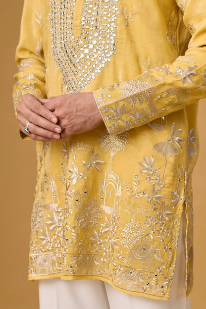 Premium Silk Gold Kurta Set for Men – Full Length View | Mahavir NX